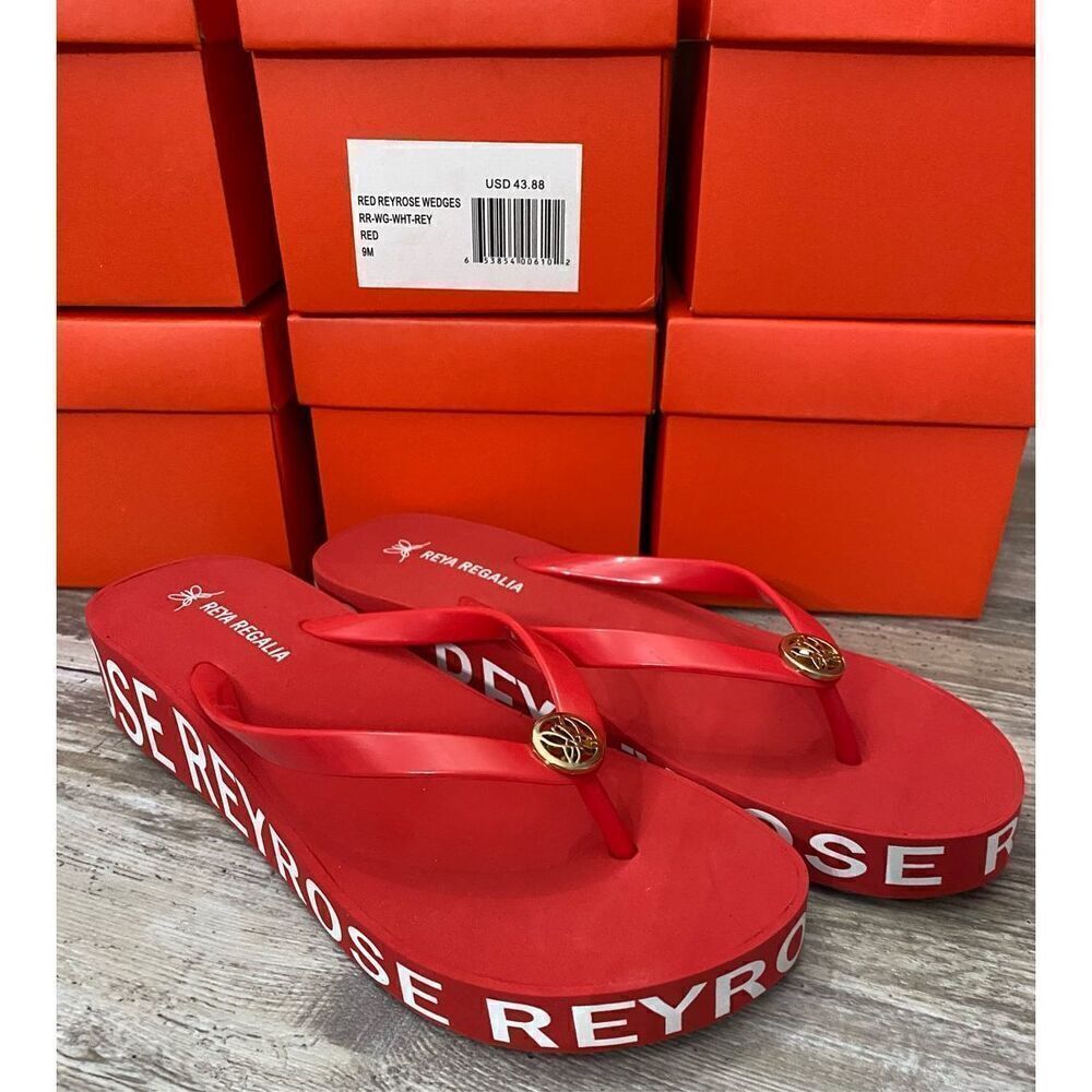Reya Regalia Rosette Womens Red Wedge Flip Flop Sandal Sz 9M